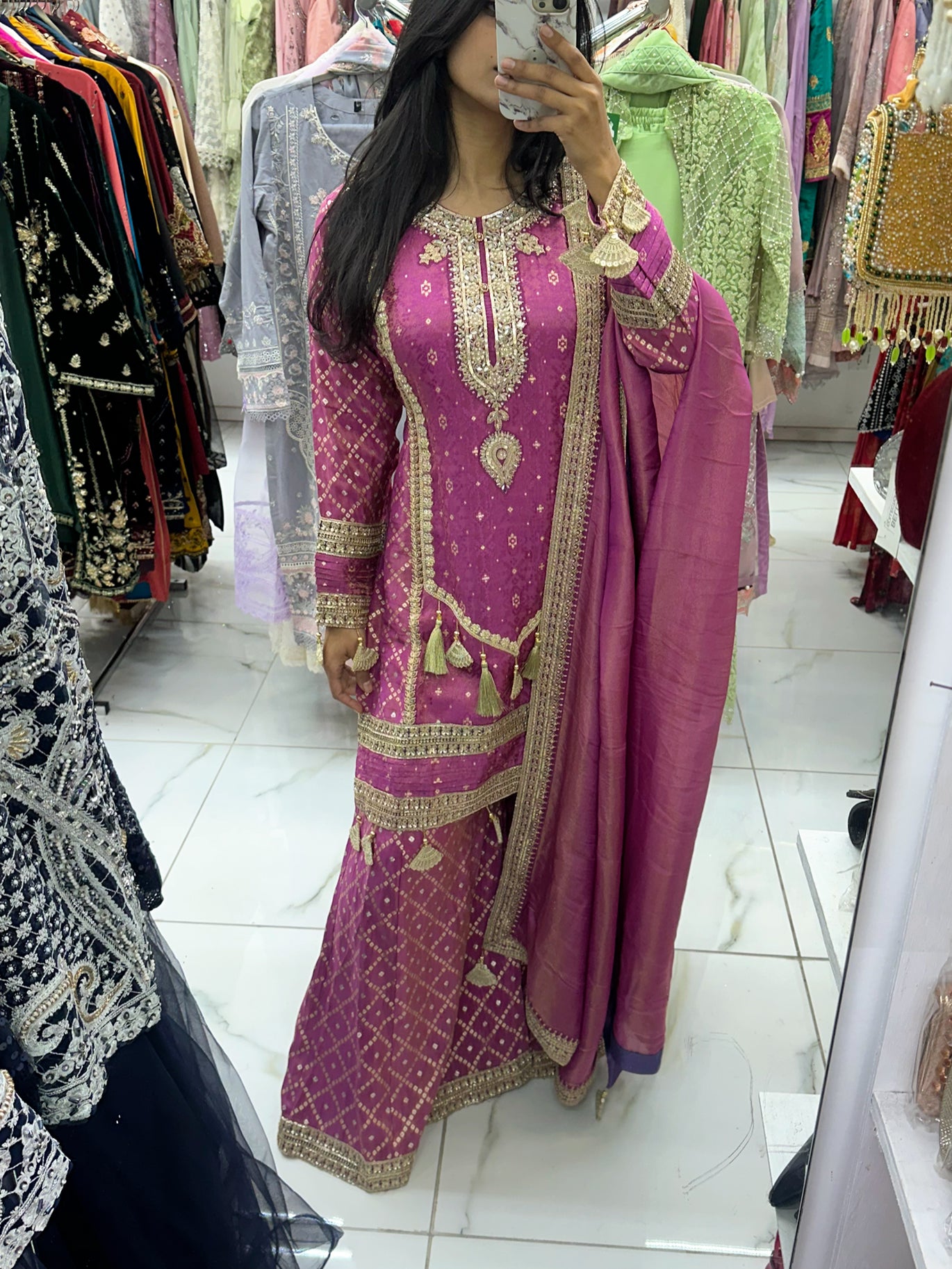 Purple Banarasi silk sharara suit