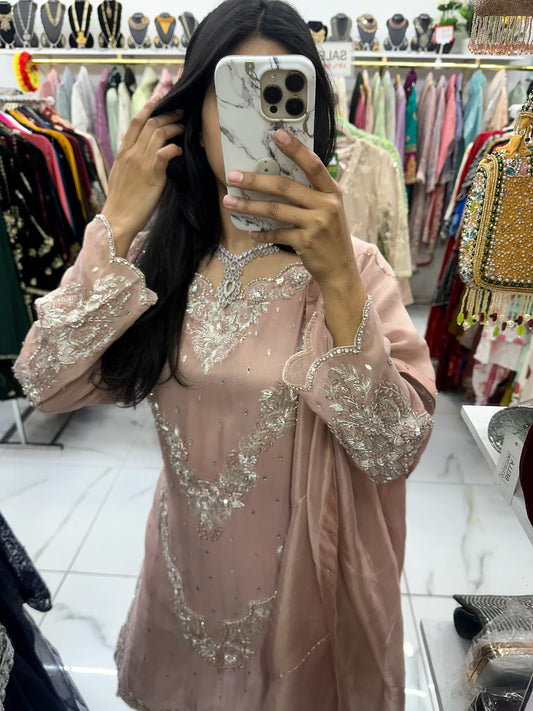 Nude hand work silk suit