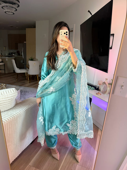 Light blue silk suit