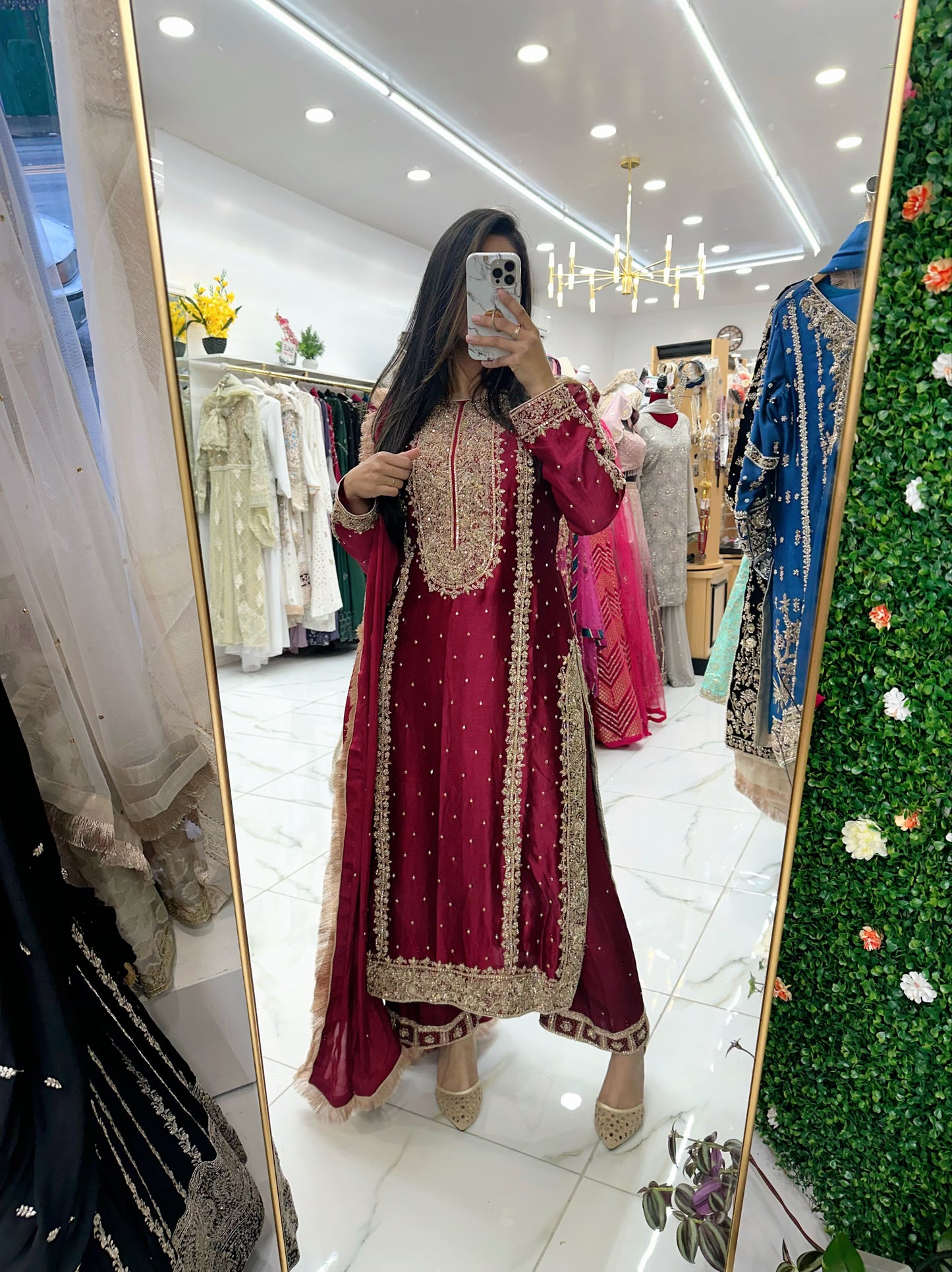 Maroon silk heavy hand work party suit