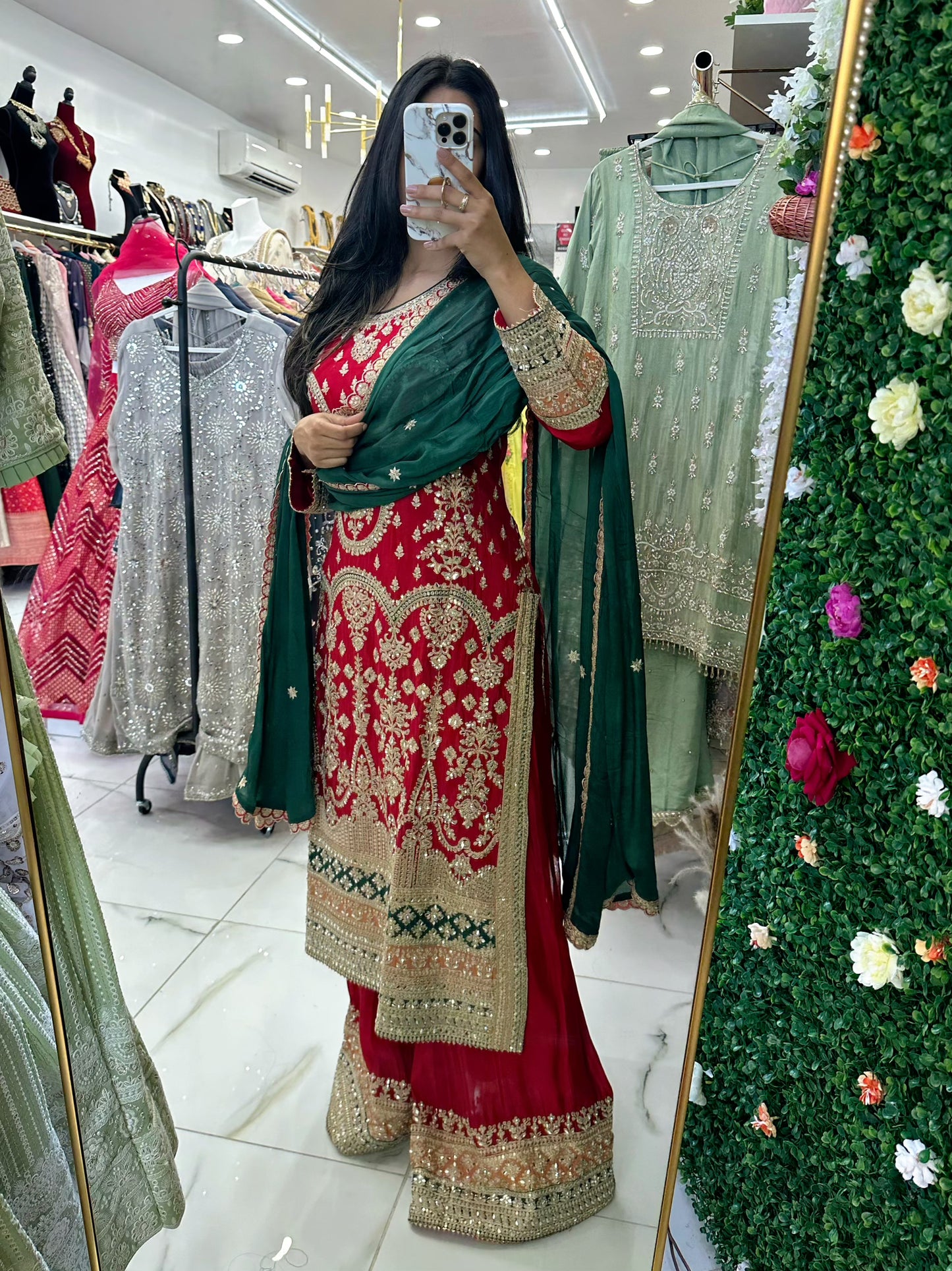 Red and green silk designer suit