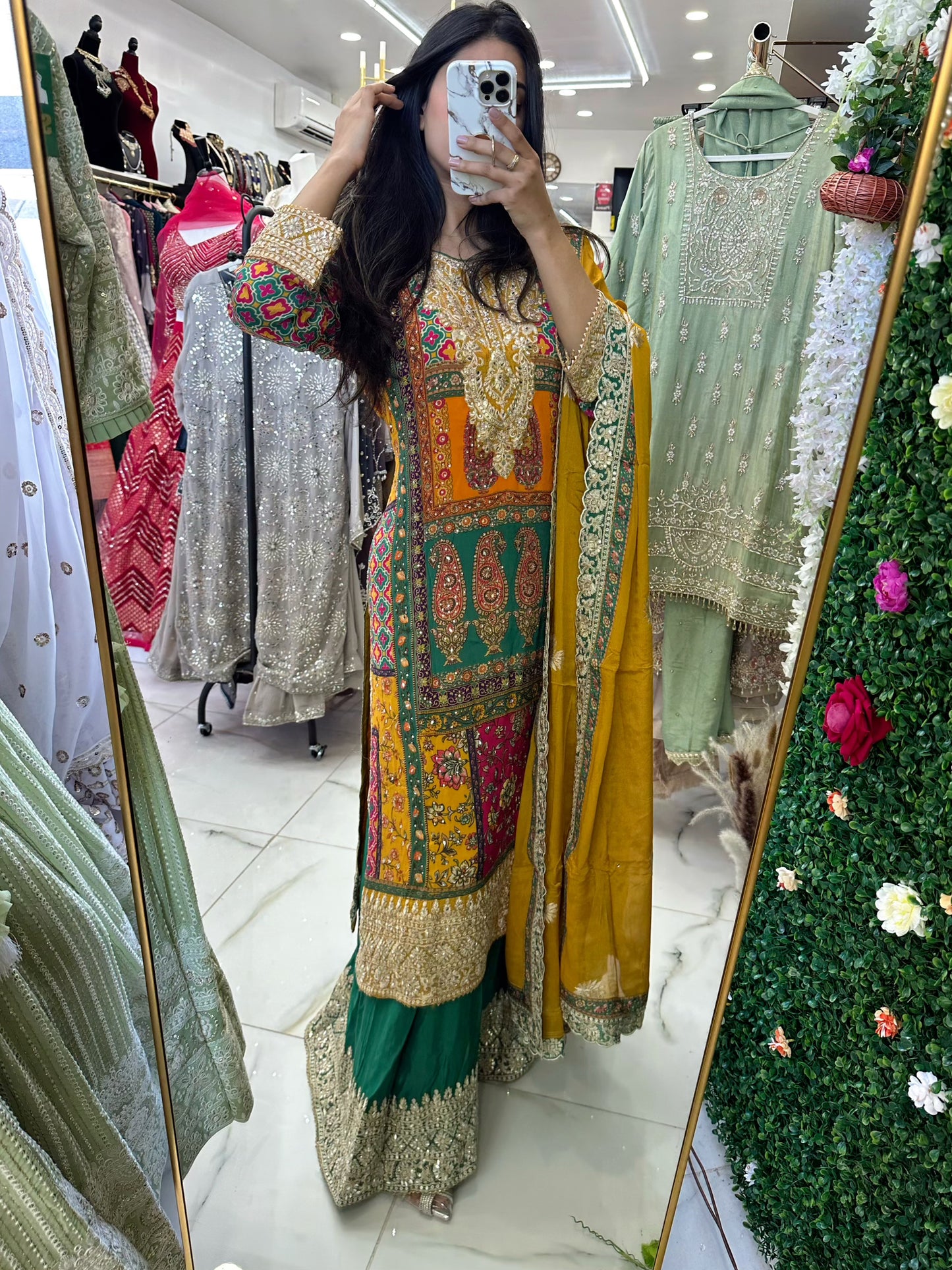 Yellow & green silk suit with mirror work
