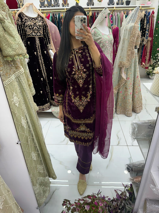 Purple velvet three piece suit