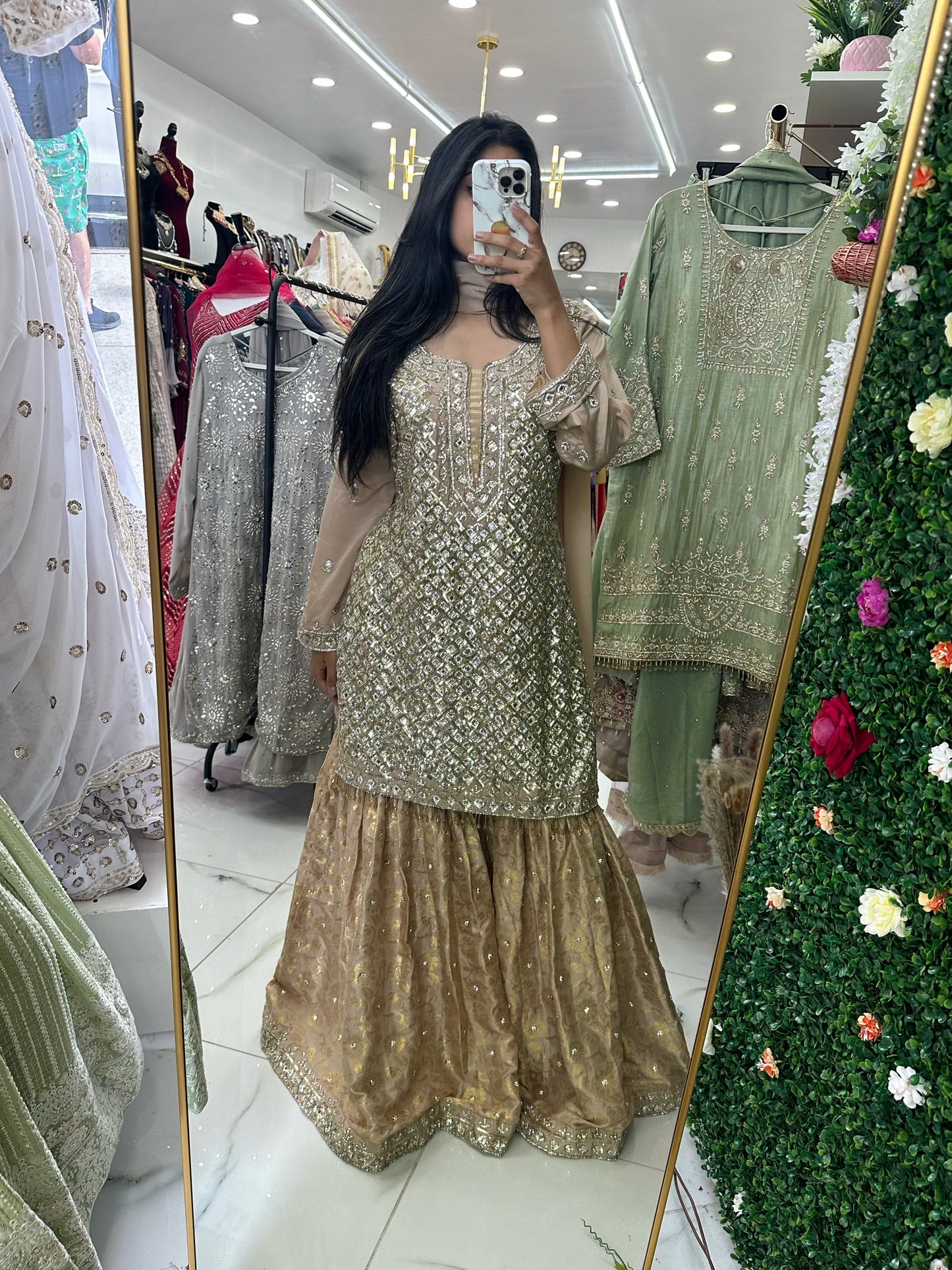 Heavy stone detailing nude gold gharara suit