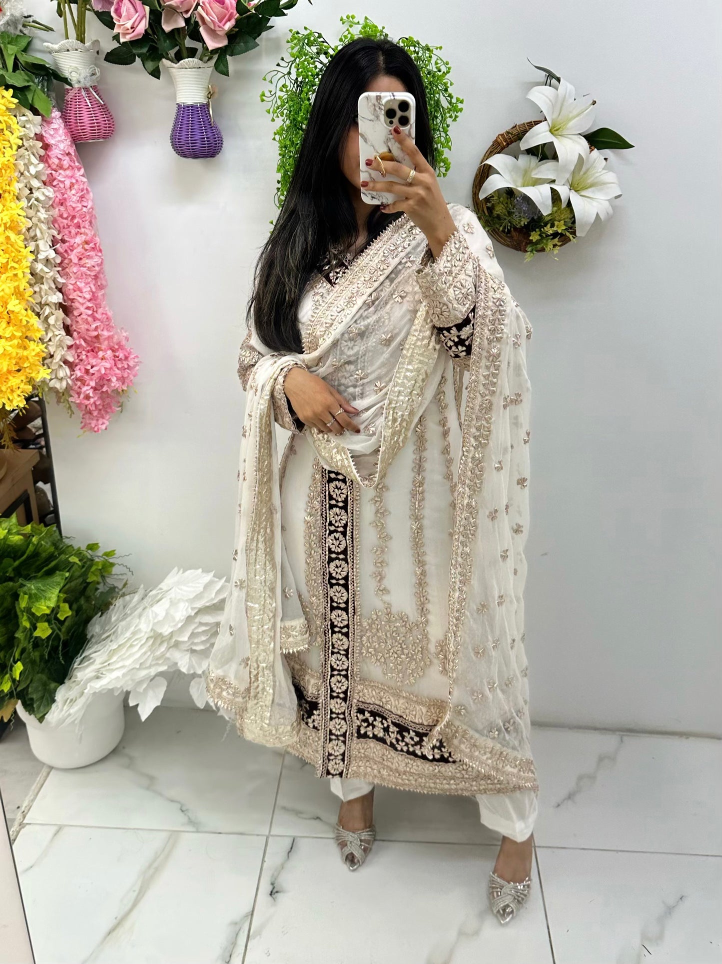 Anrekha white and maroon anarkali suit