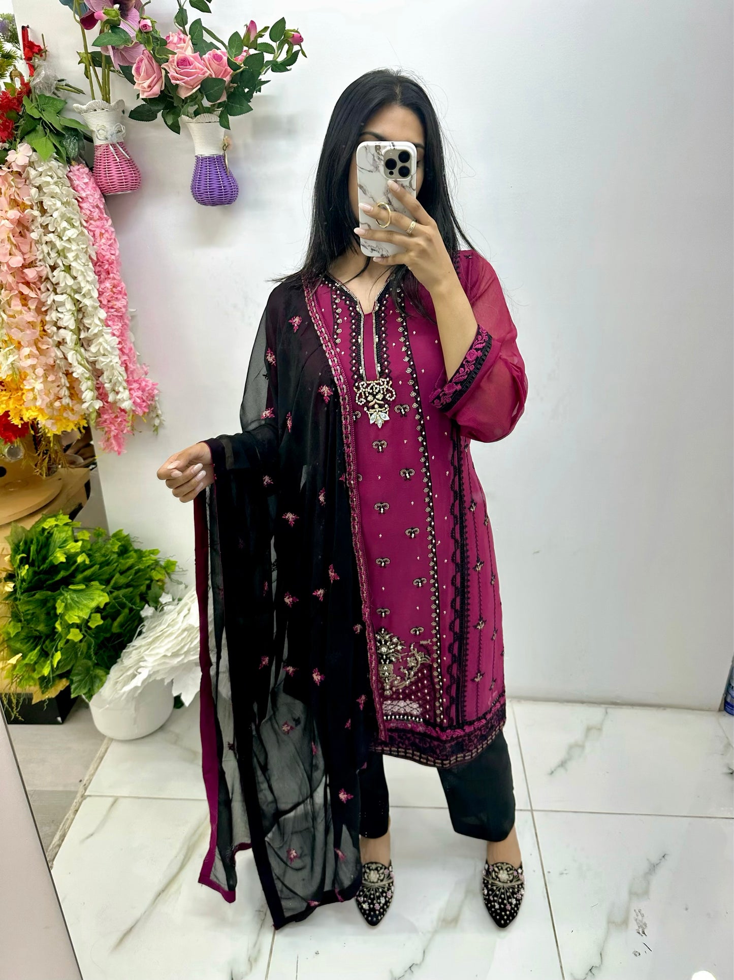 Purple black chiffon suit