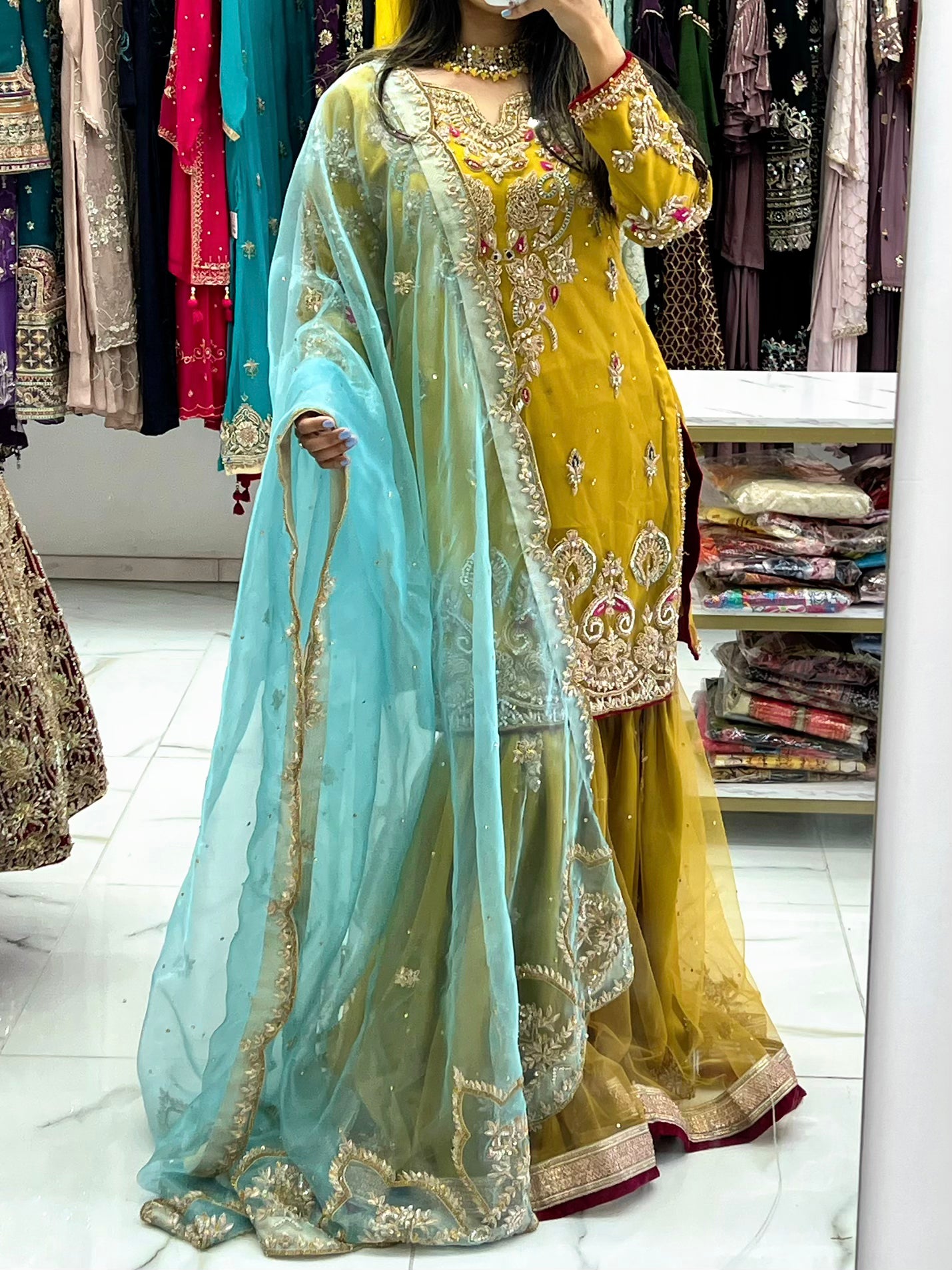 Mustard yellow contrast bridal gharara