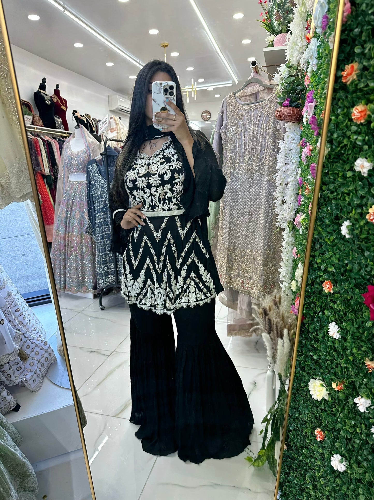 Black and white hand work belted gharara suit