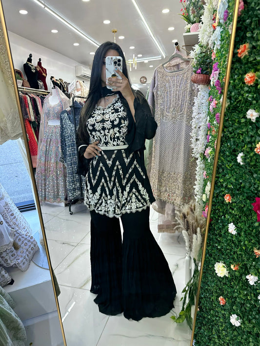 Black and white hand work belted gharara suit