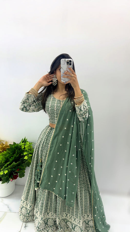 Olive green chikankari style sequenced lehenga