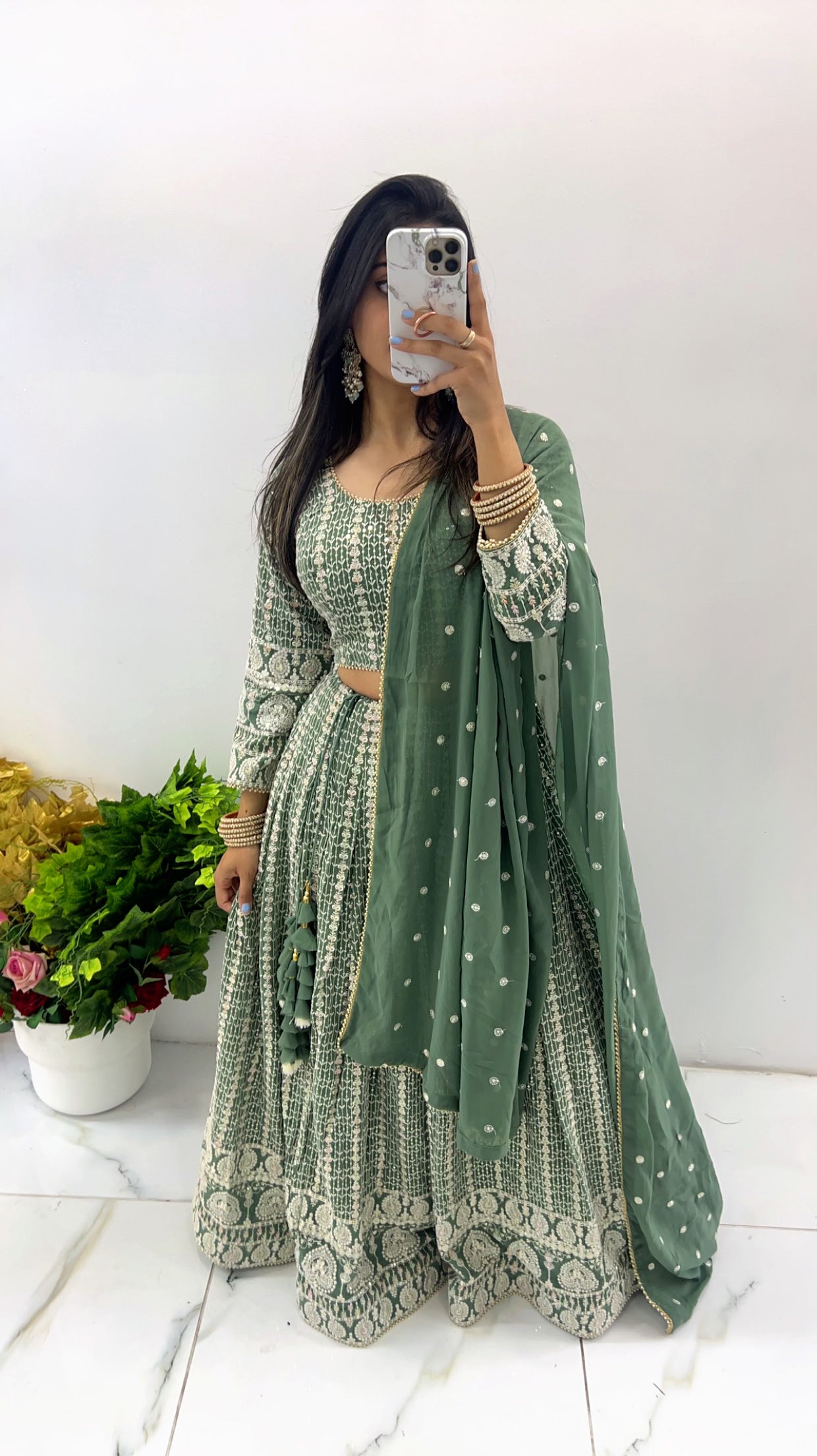 Olive green chikankari style sequenced lehenga