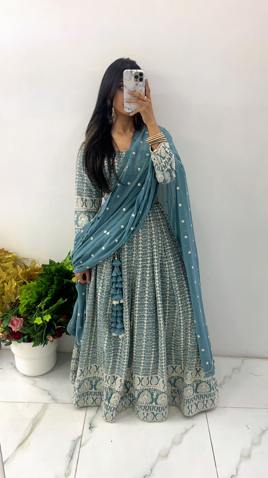 Blue chikankari style embroidery & sequence lehenga