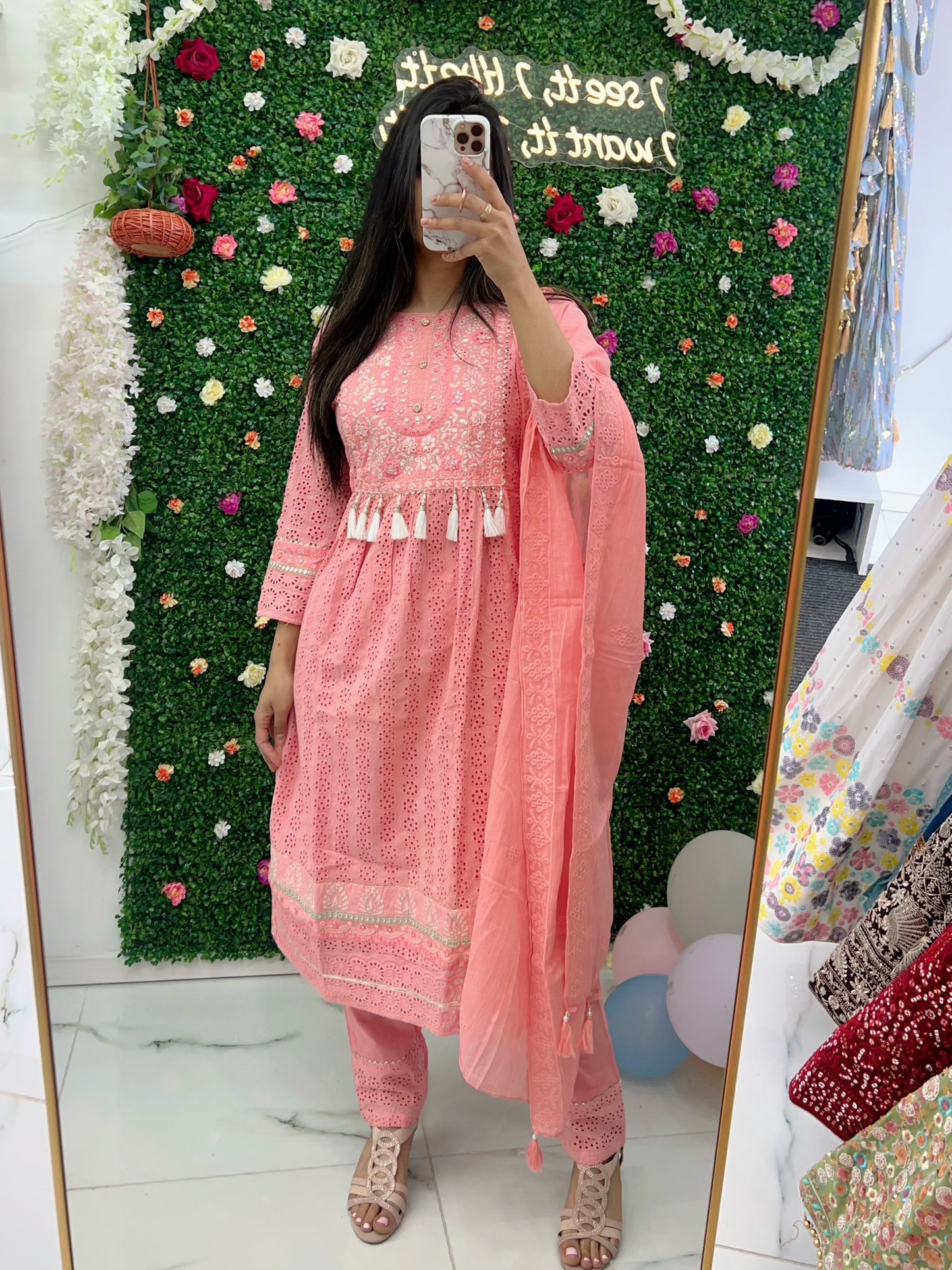 Pink chikankari naira cut three piece