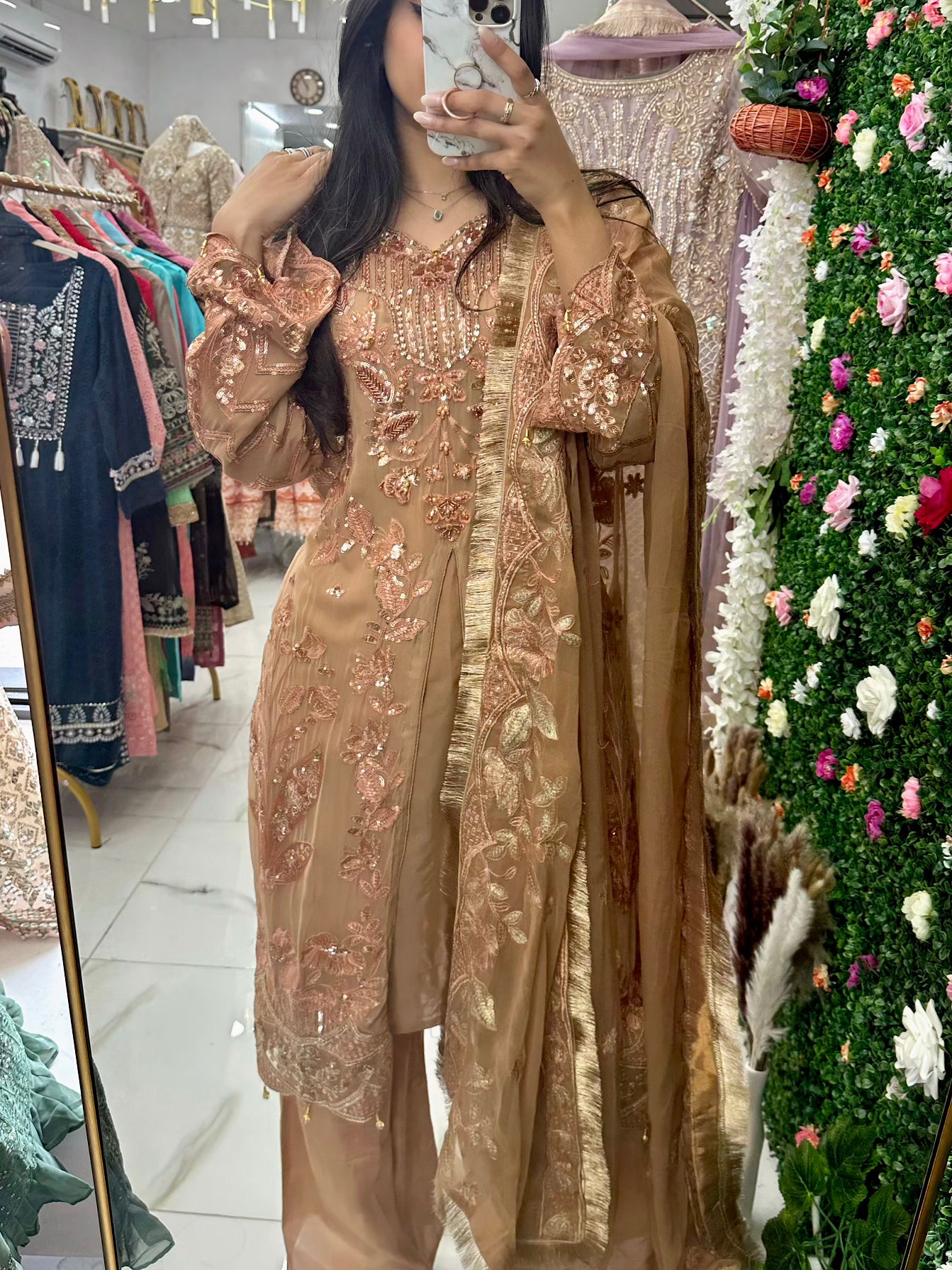 Rose gold chiffon party wear suit