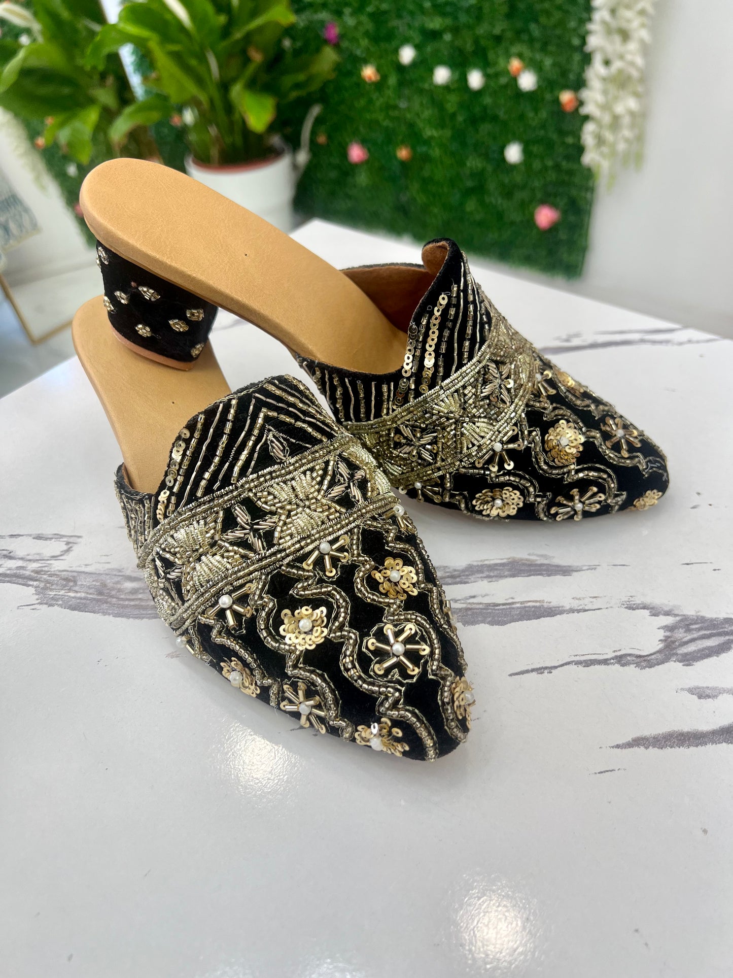 Black and gold hand work heels