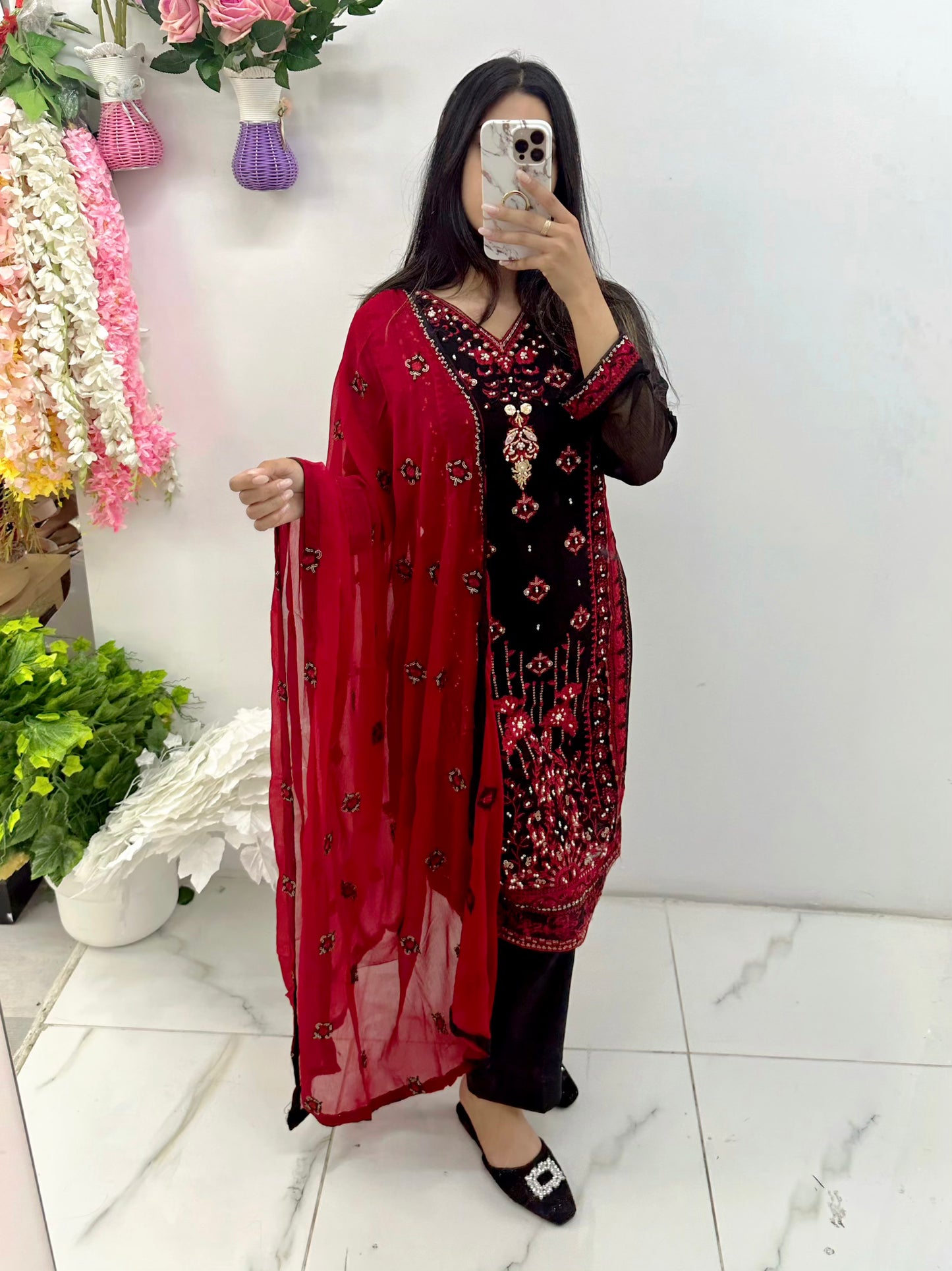 Black and red chiffon suit