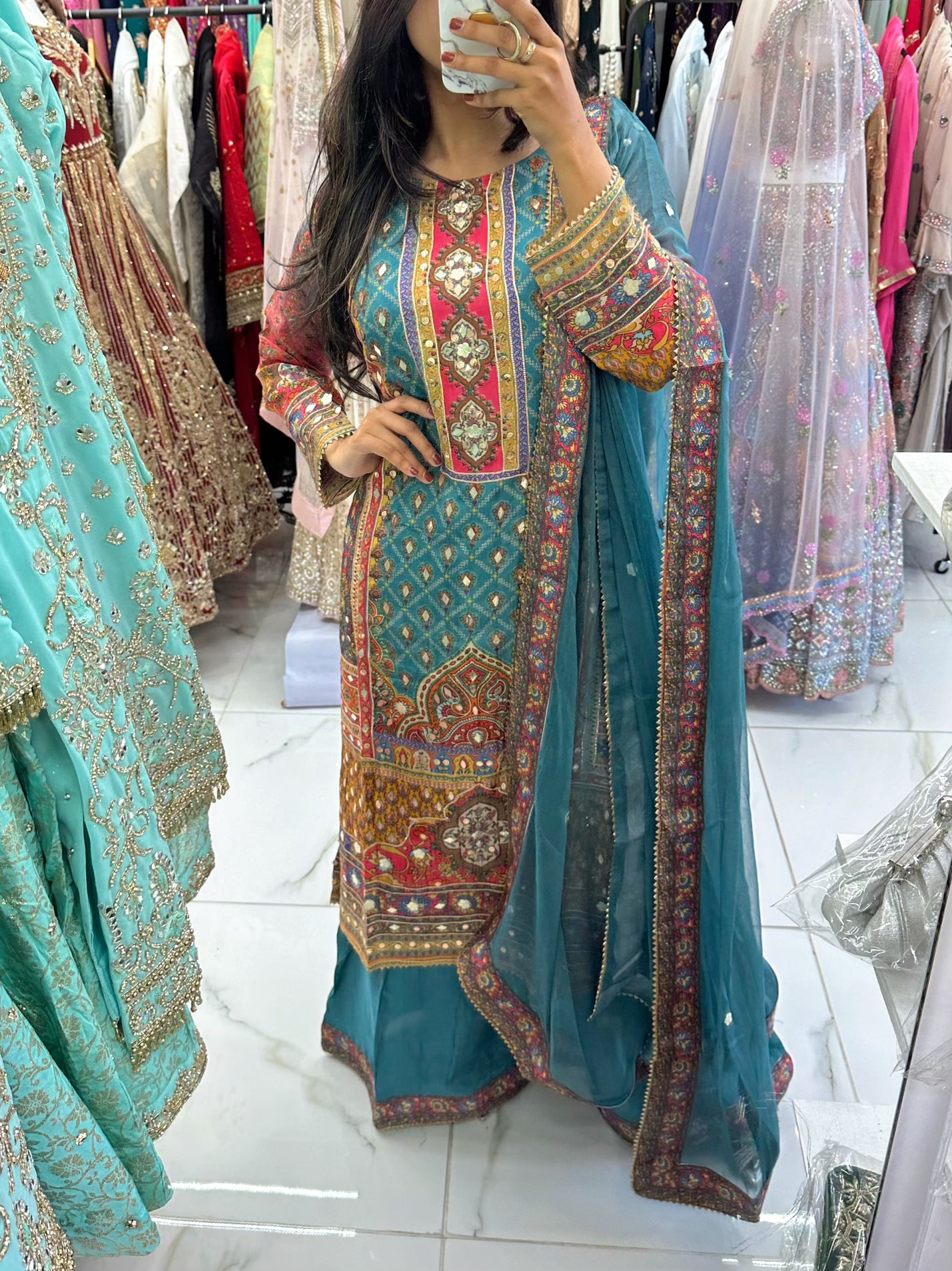 Gotta patti blue silk suit