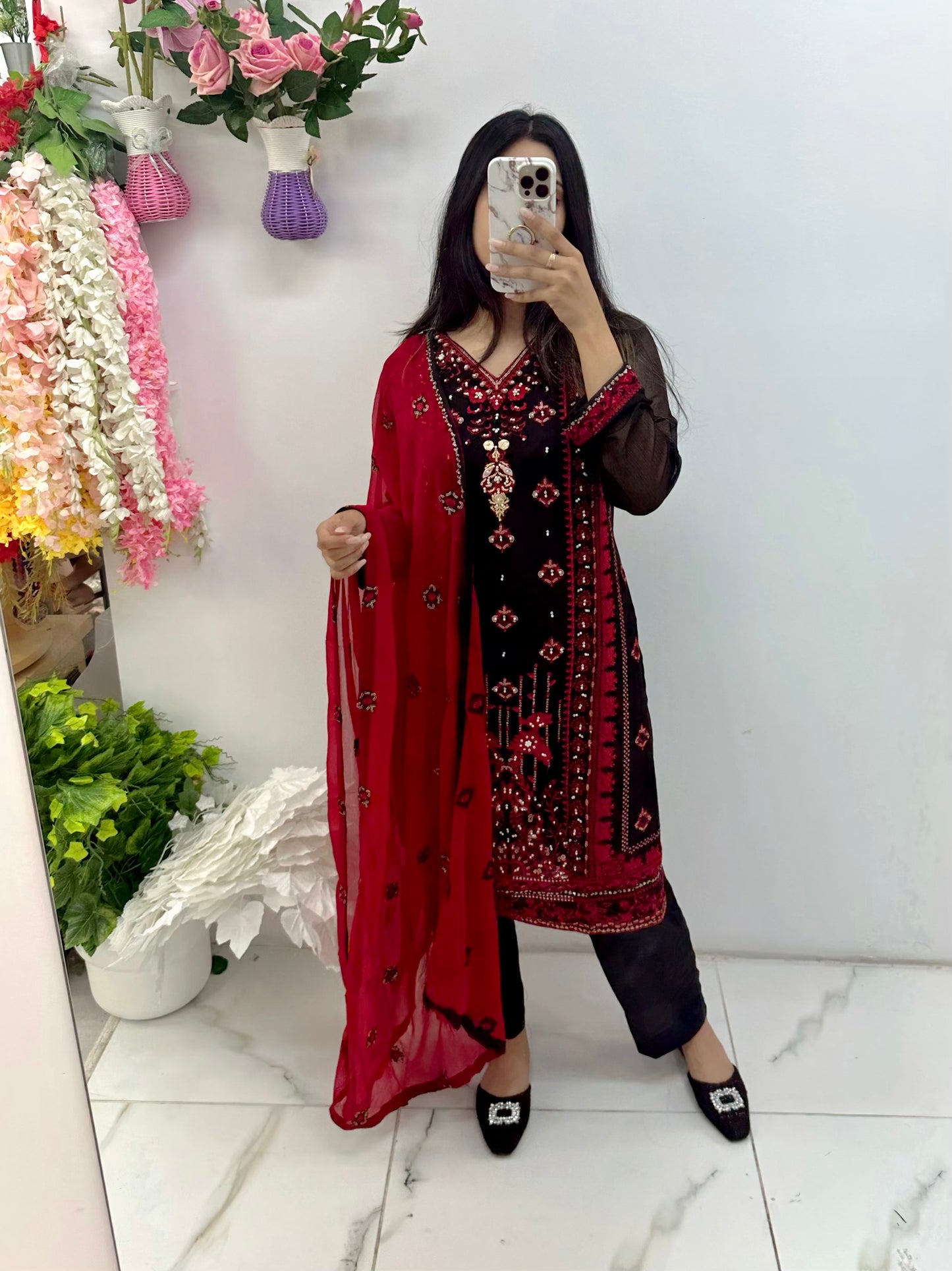 Black and red chiffon suit