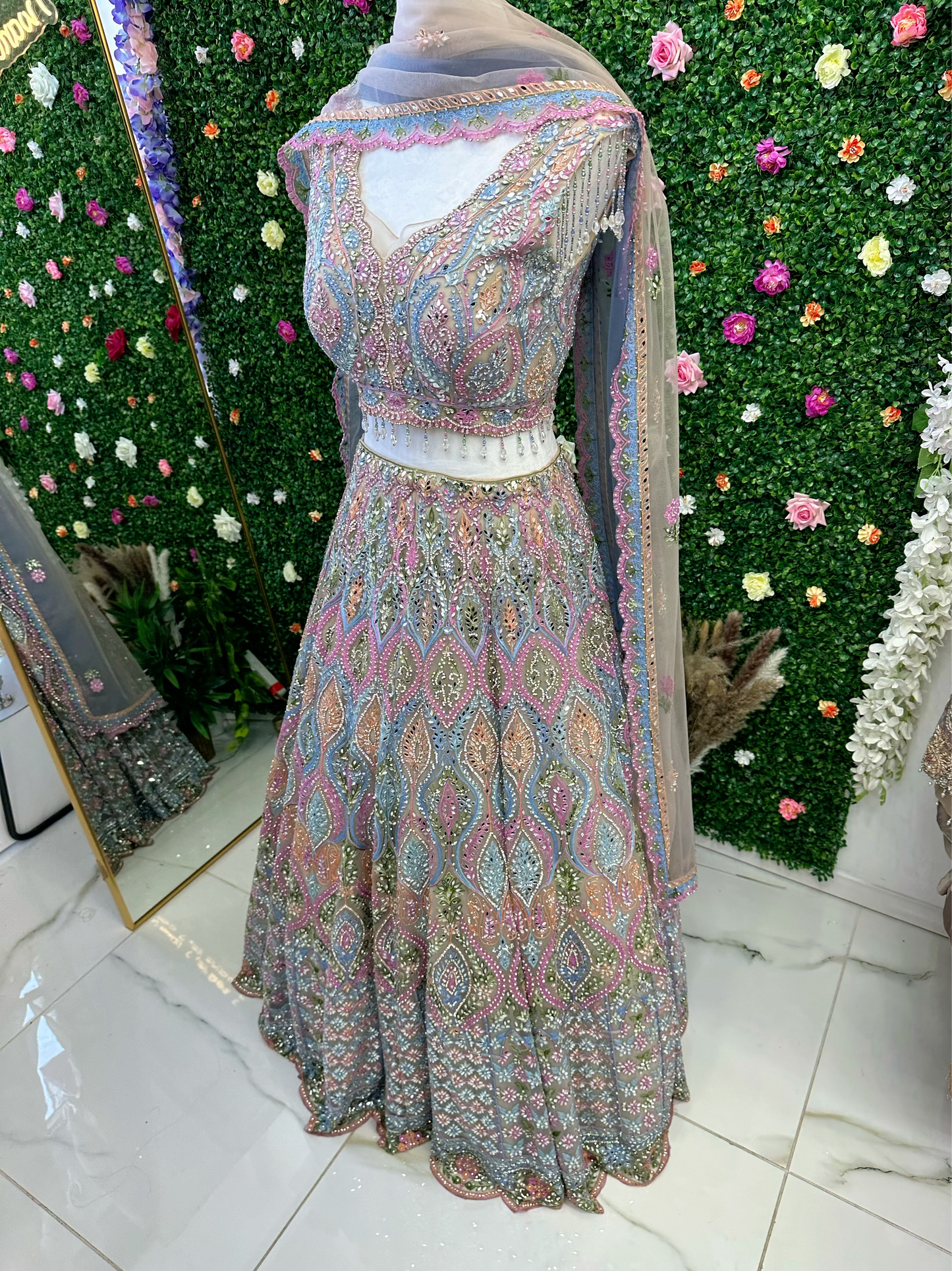 Lilac multi work bridal lehenga