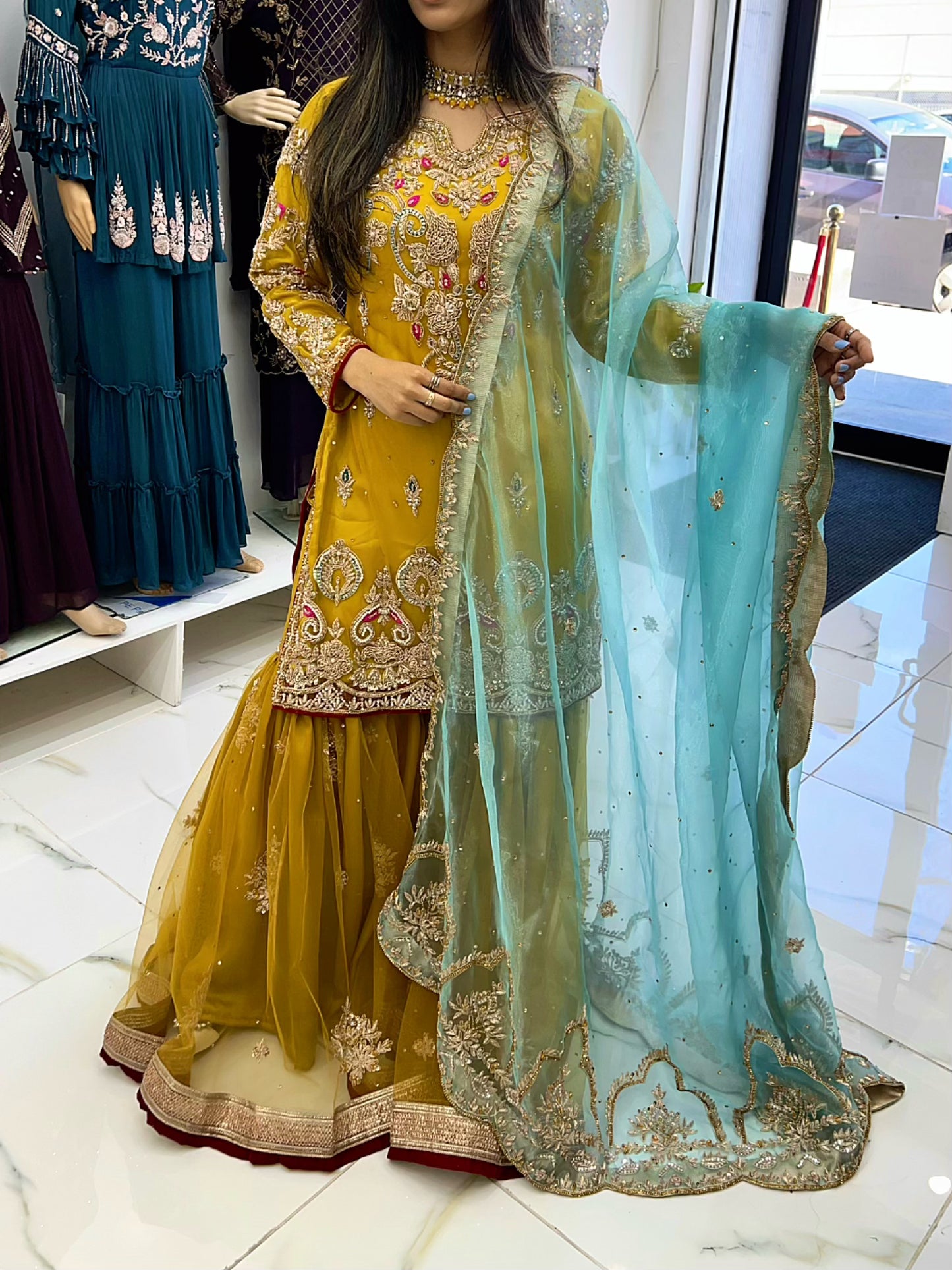 Mustard yellow contrast bridal gharara