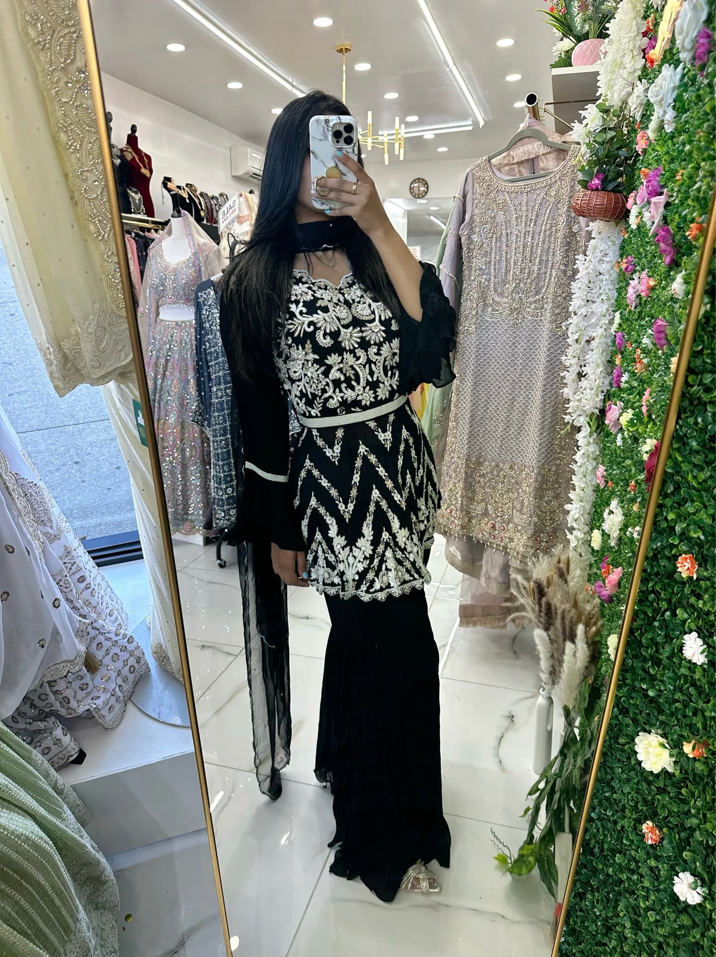 Black and white hand work belted gharara suit