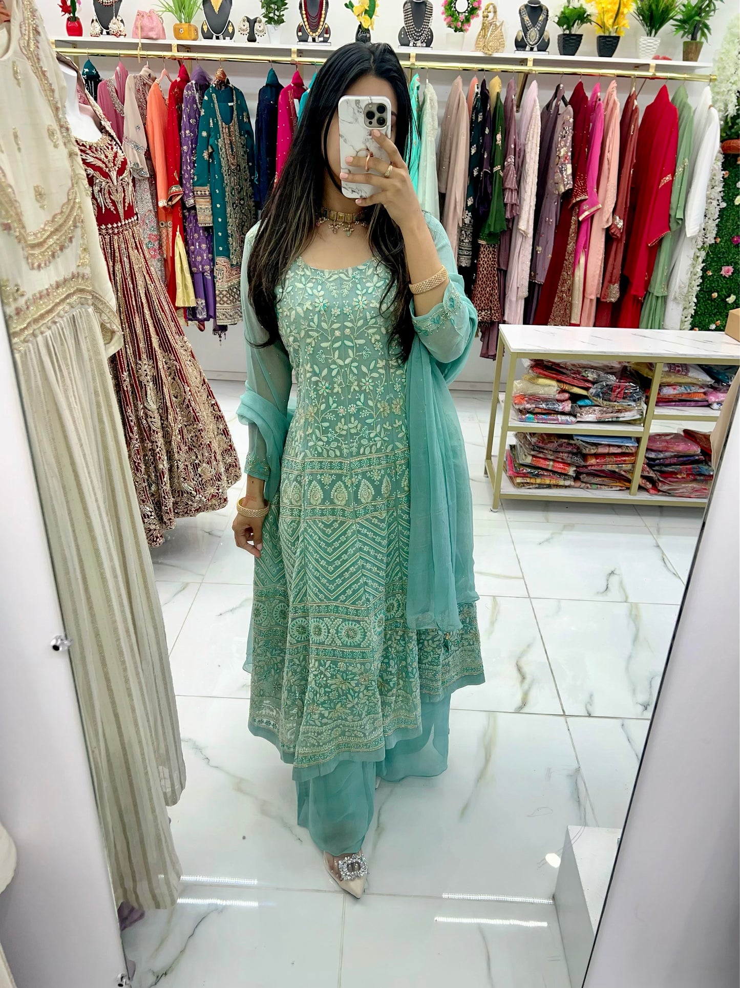 Mint blue anarkali chikankari suit