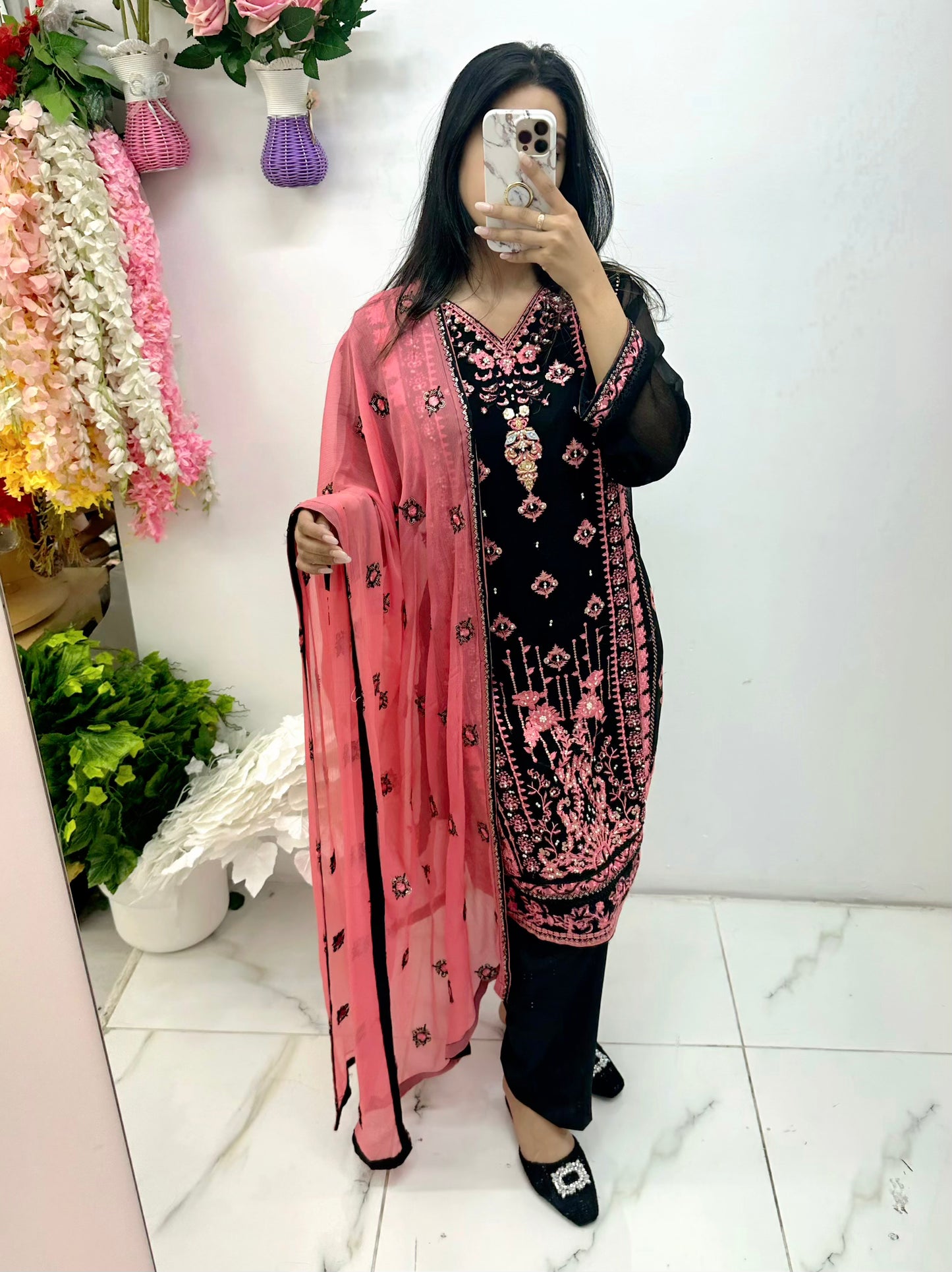 Black and apricot chiffon suit