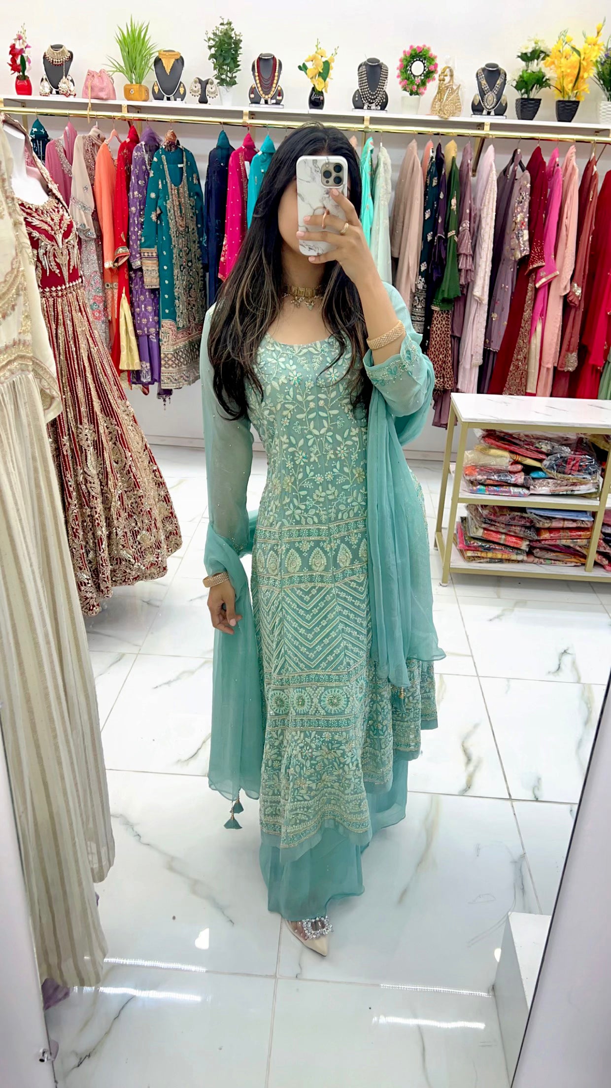 Mint blue anarkali chikankari suit