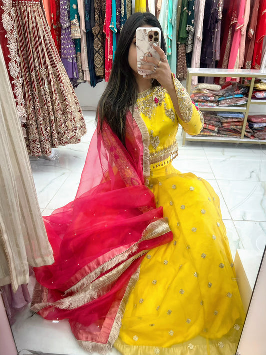 Yellow & hot pink contrast lehenga