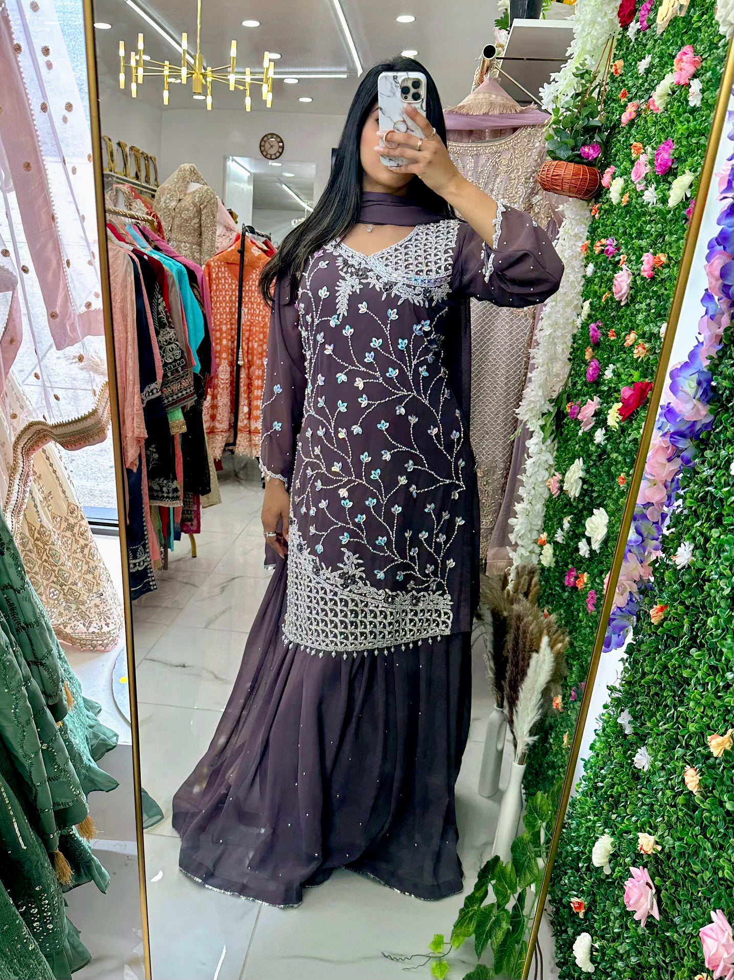 Greyish purple party skirt suit