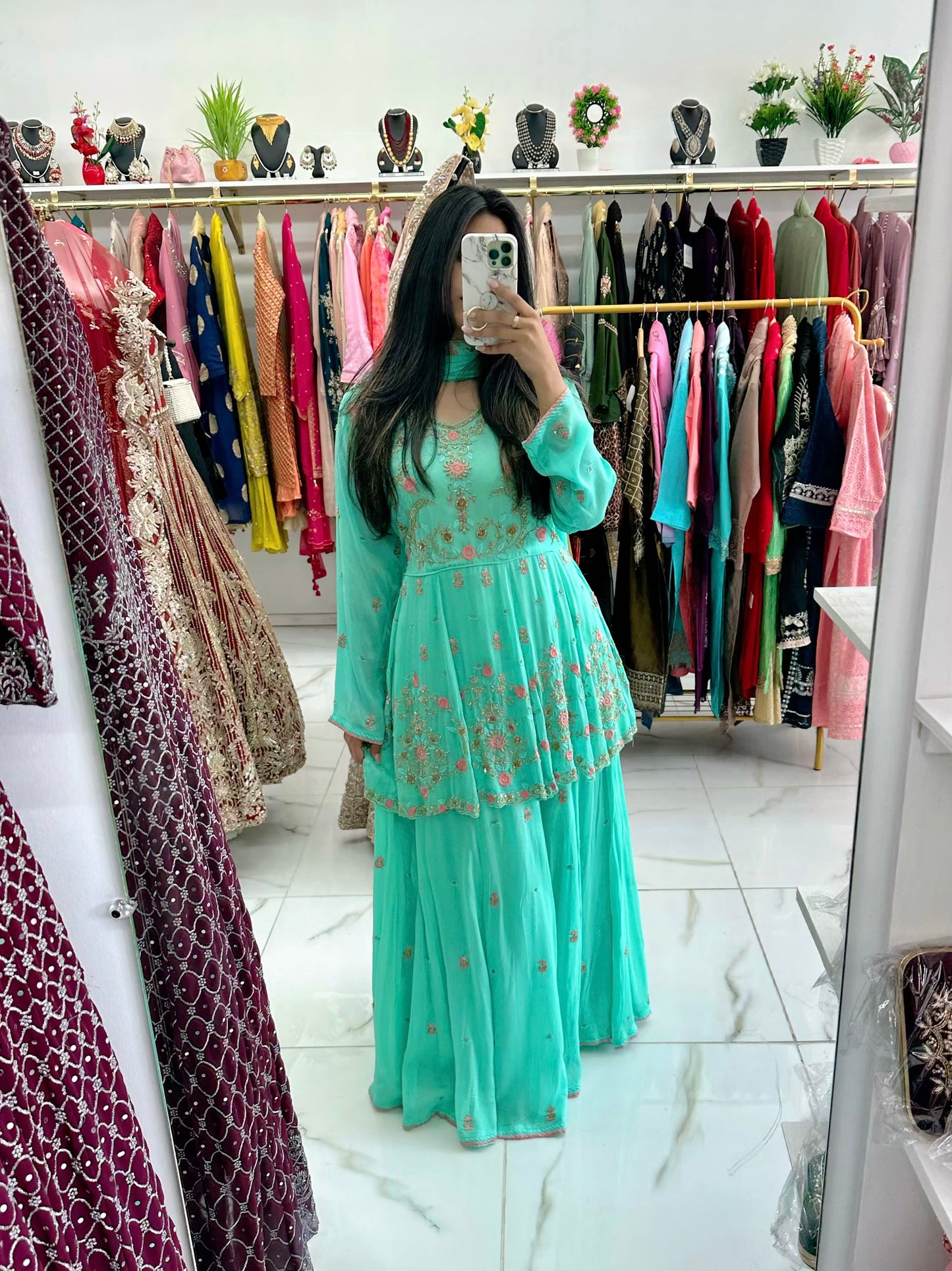 Bright mint peplam skirt suit
