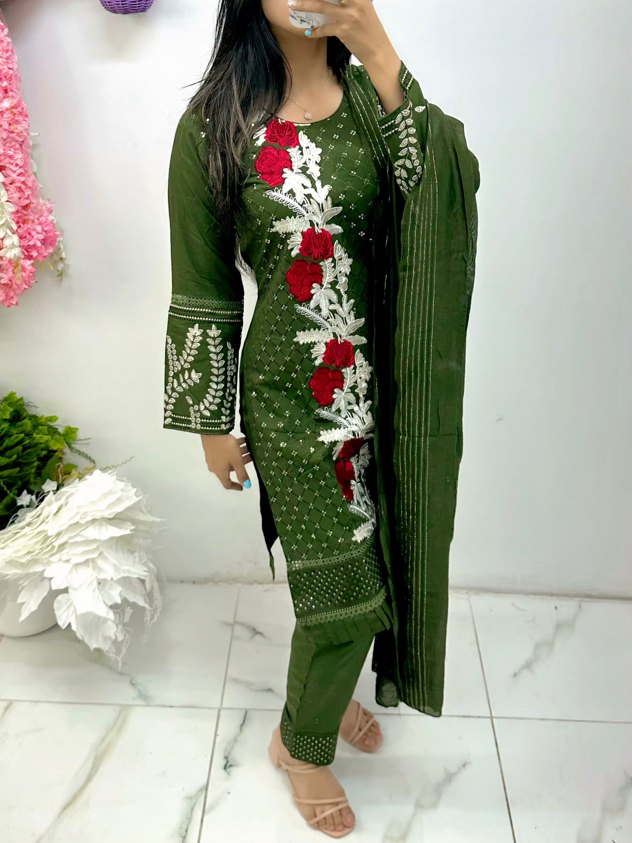 Dark olive green linen suit