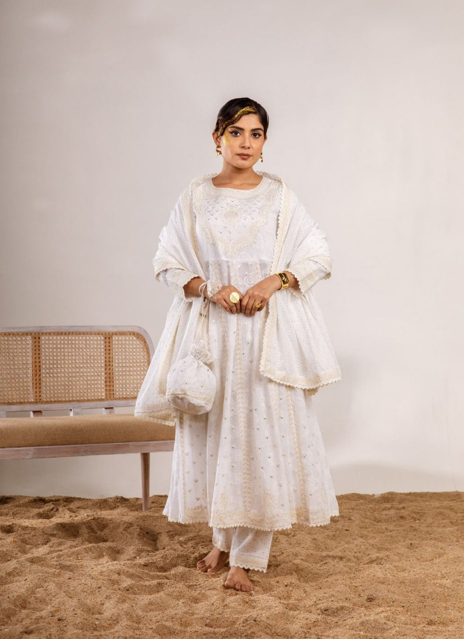 White anarkali three piece