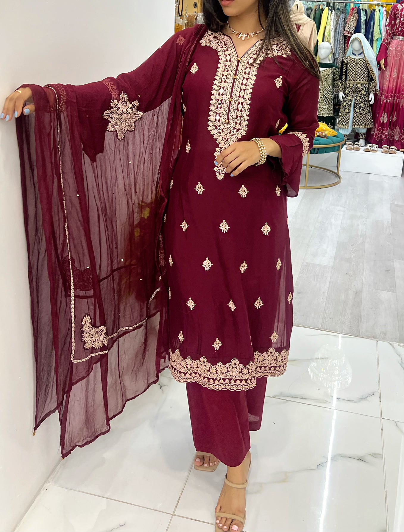 Maroon palazzo three piece