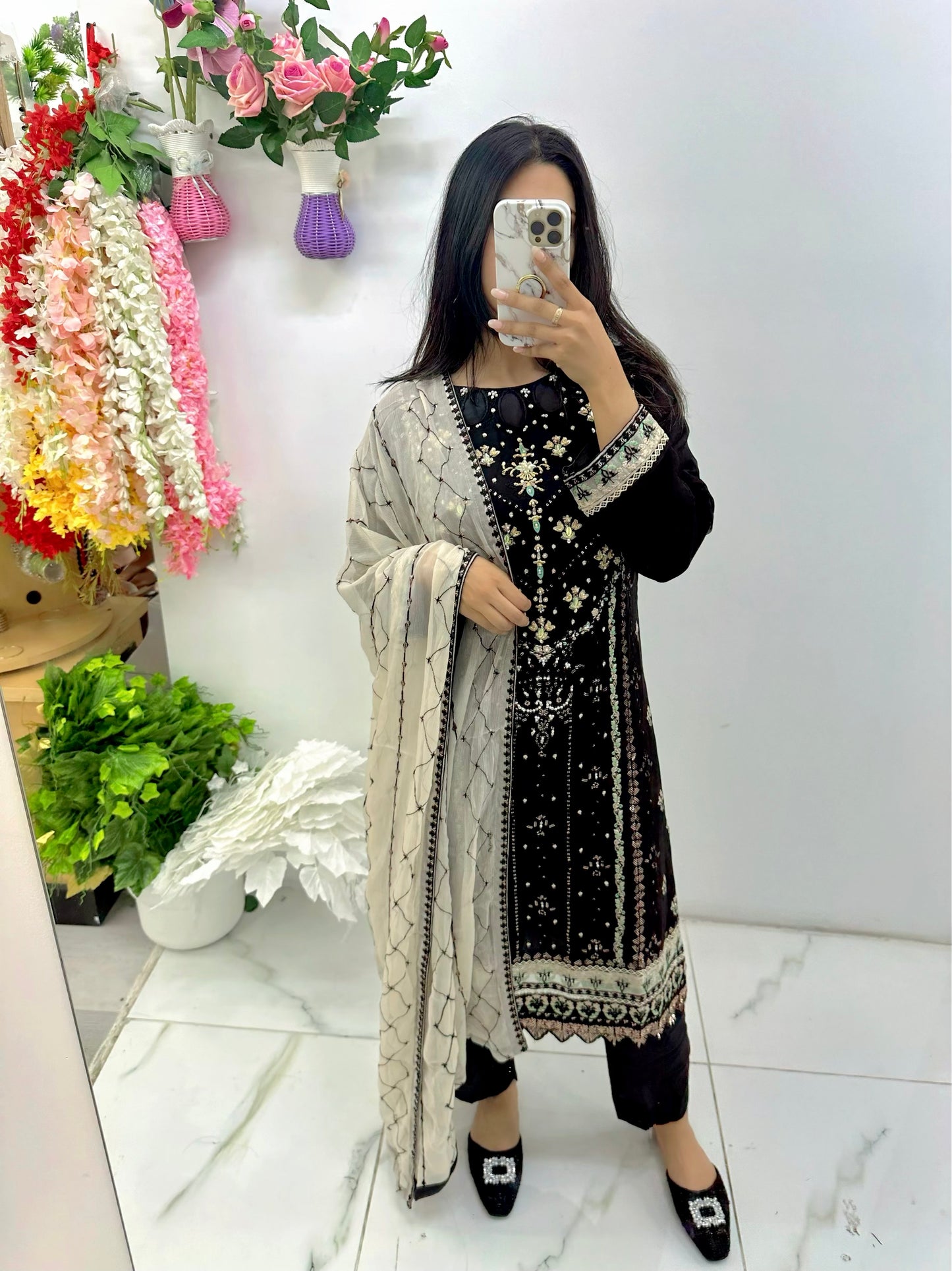 Black and ivory chiffon suit