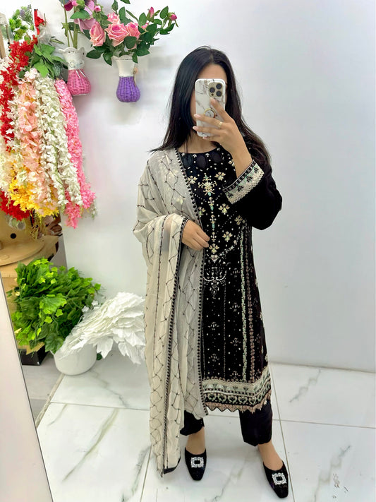 Black and ivory chiffon suit