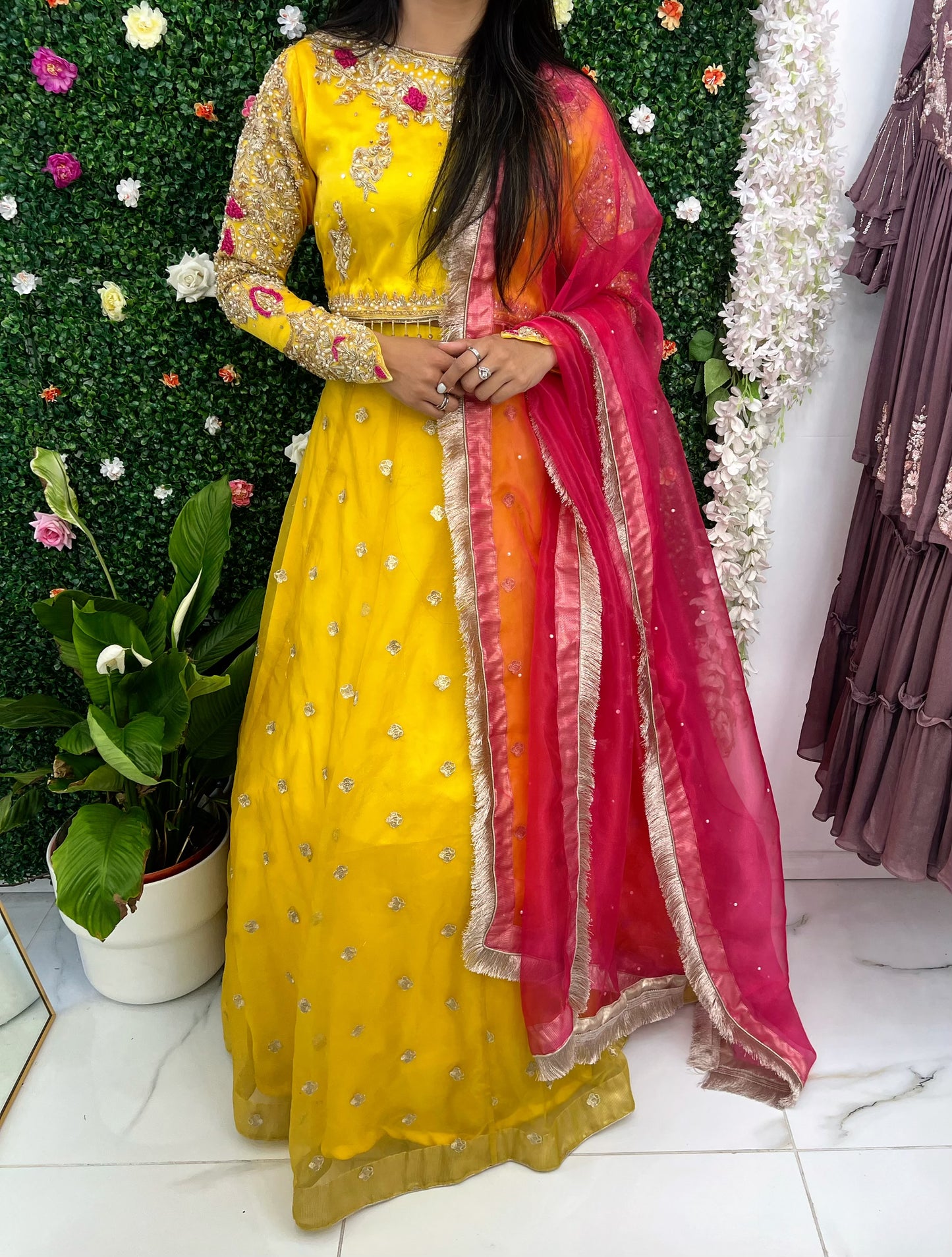 Yellow & hot pink contrast lehenga