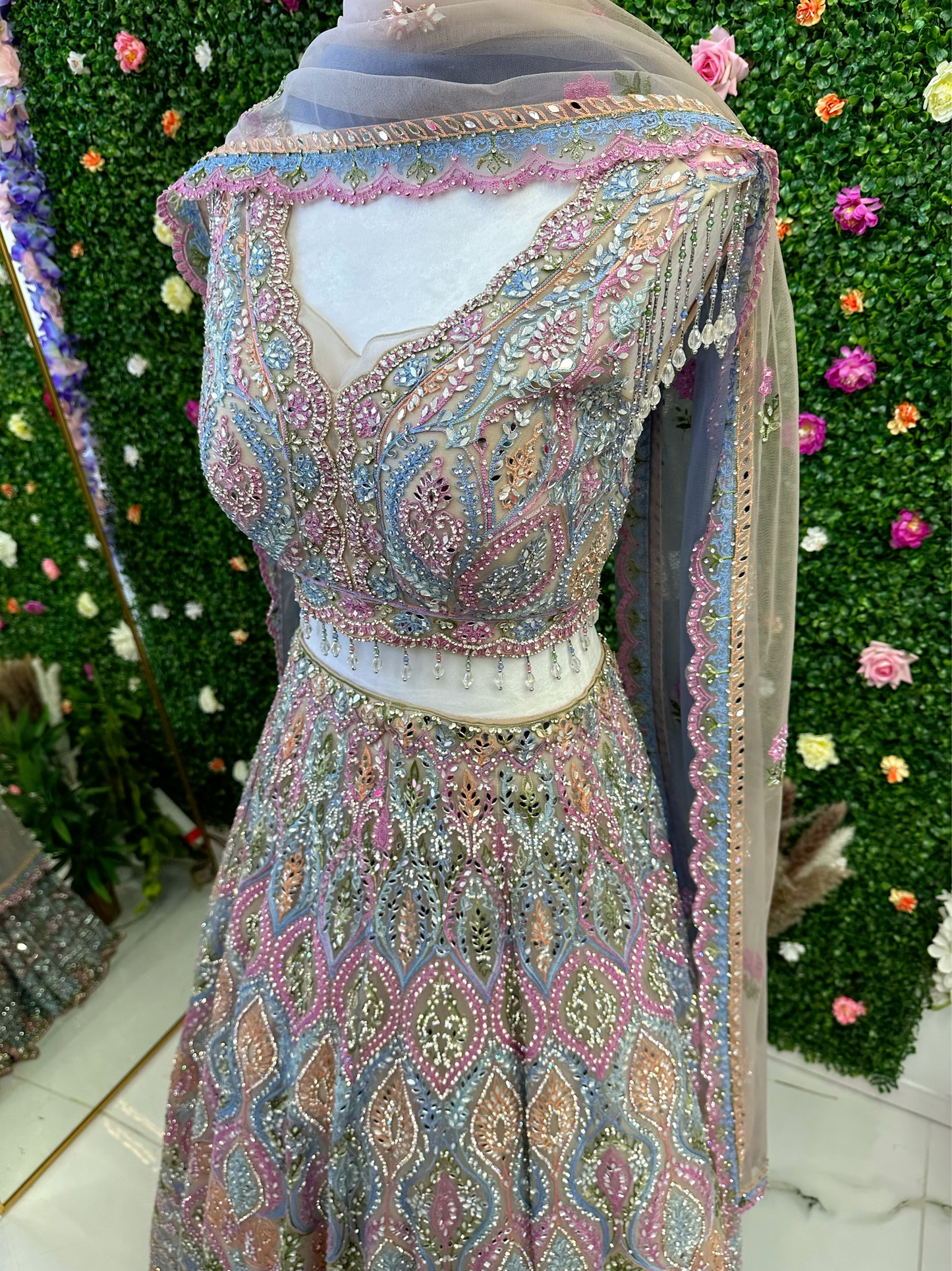Lilac multi work bridal lehenga
