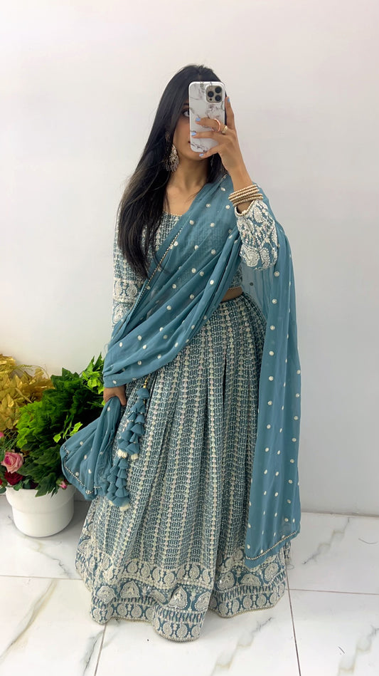 Blue chikankari style embroidery & sequence lehenga