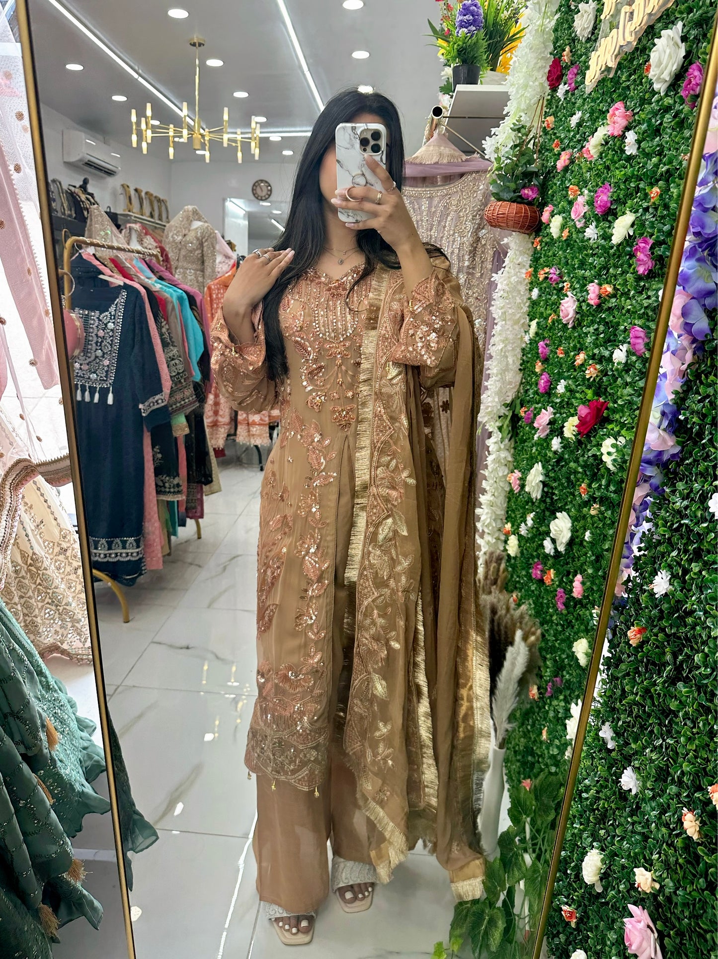 Rose gold chiffon party wear suit