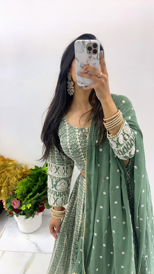 Olive green chikankari style sequenced lehenga