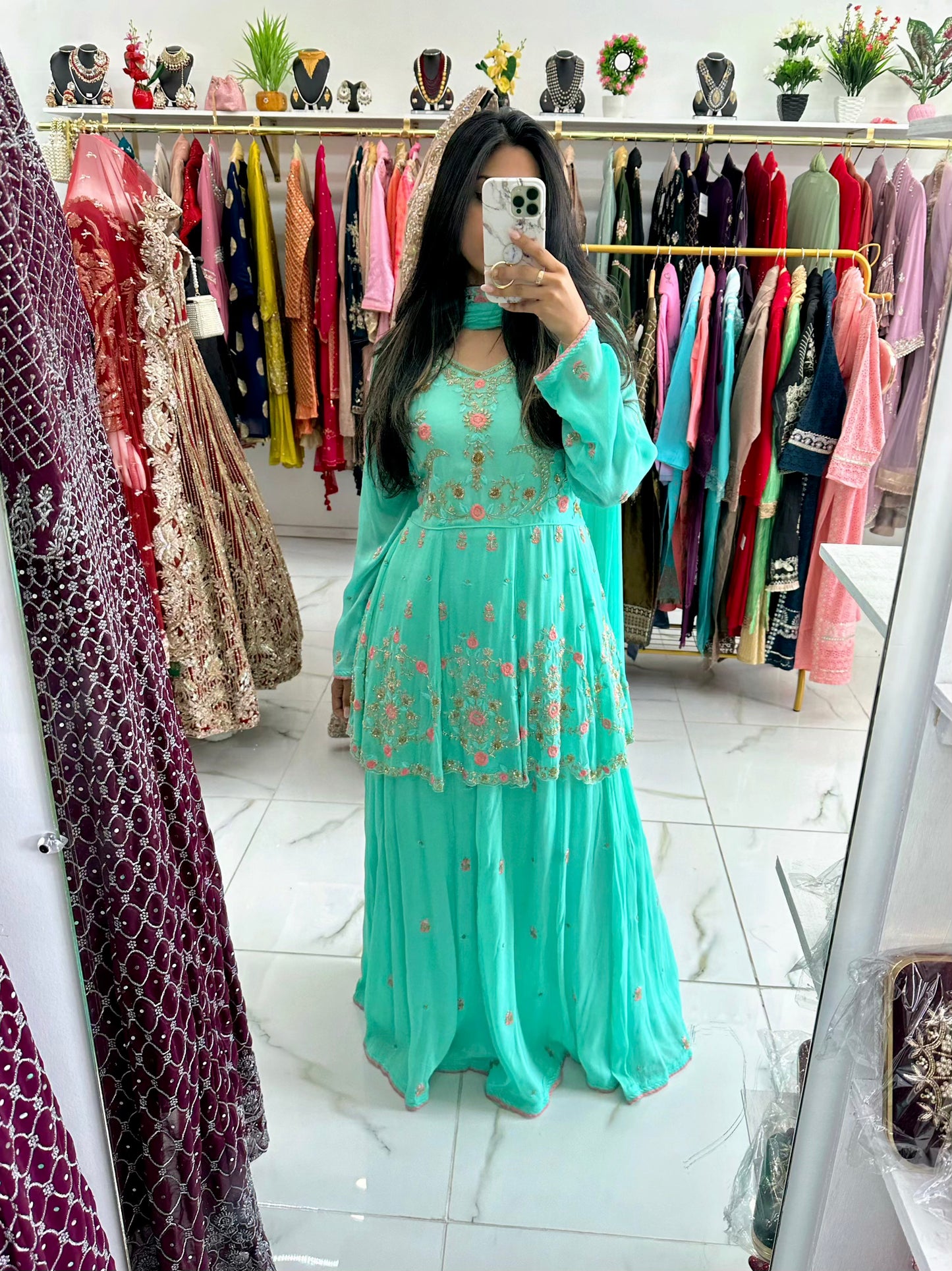 Bright mint peplam skirt suit