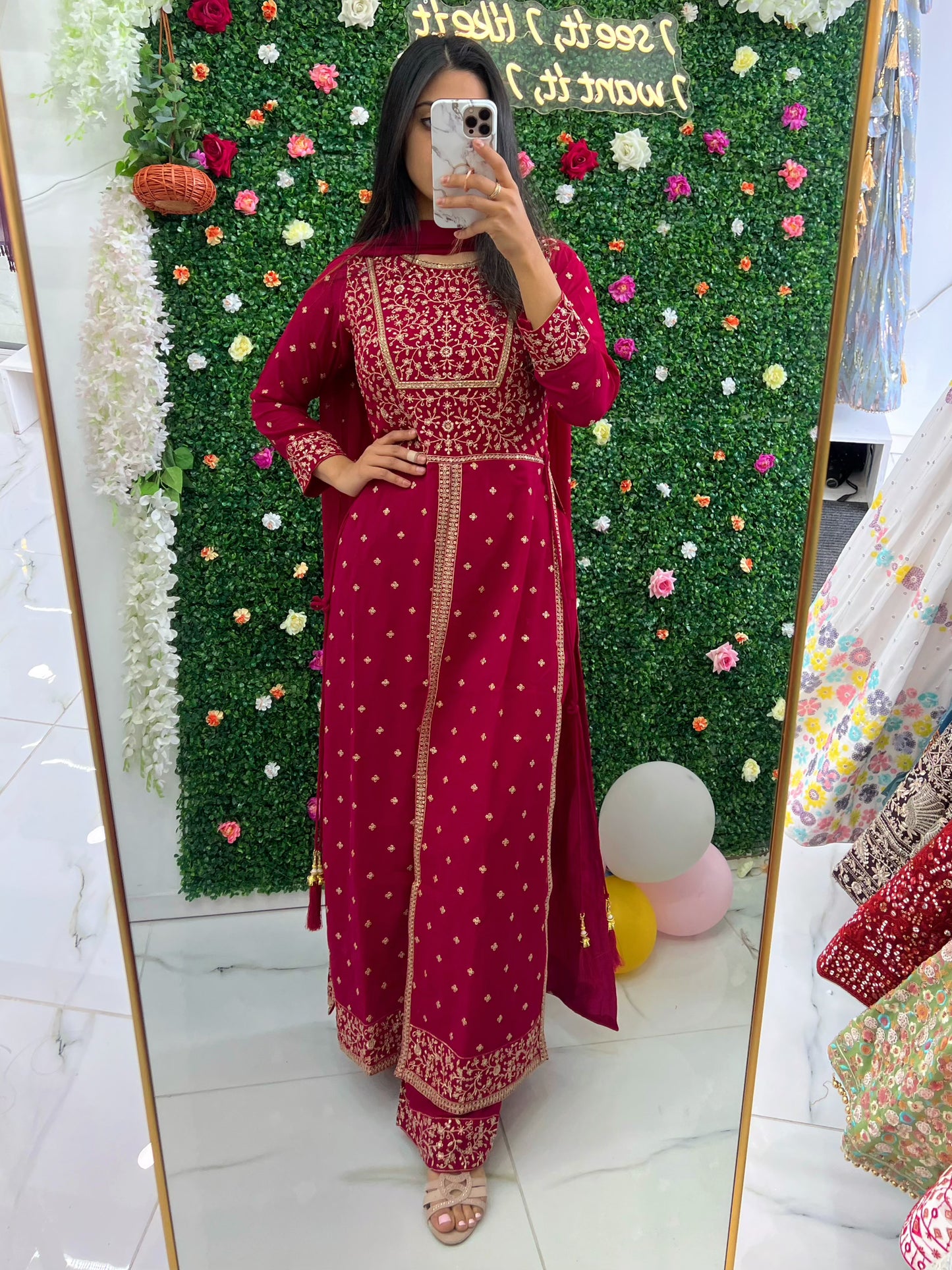 Megenta pink naira middle slit naira three piece