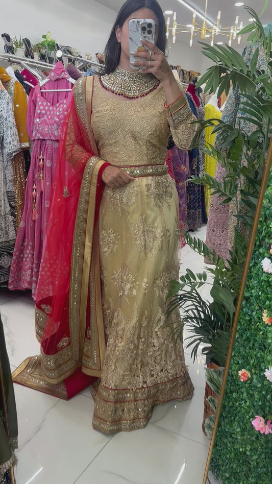 Gold and red lace net semi bridal lehenga