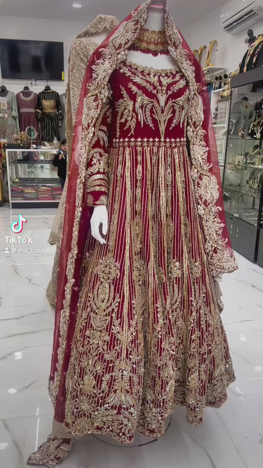 Dark red bridal maxi with all hand work