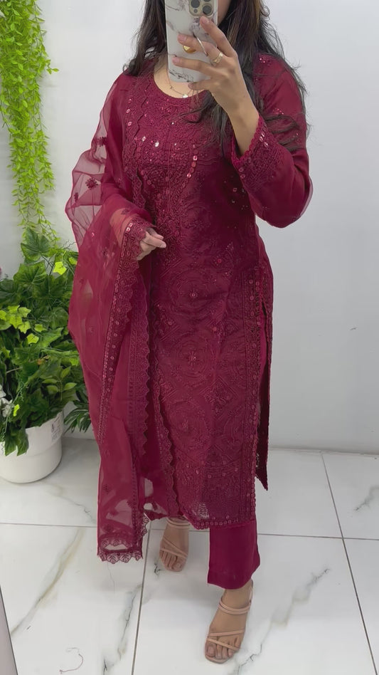 Maroon soft organza set