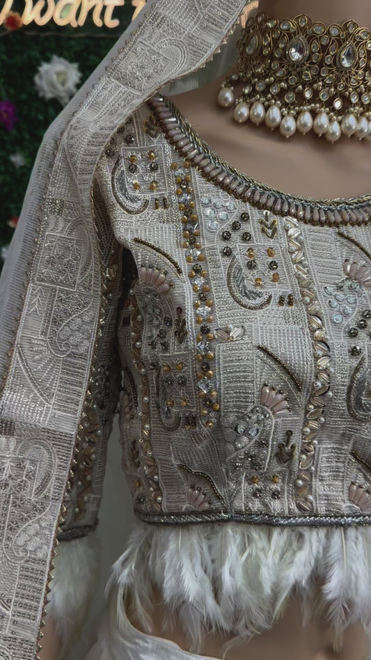 Off white feather style semi bridal lehenga