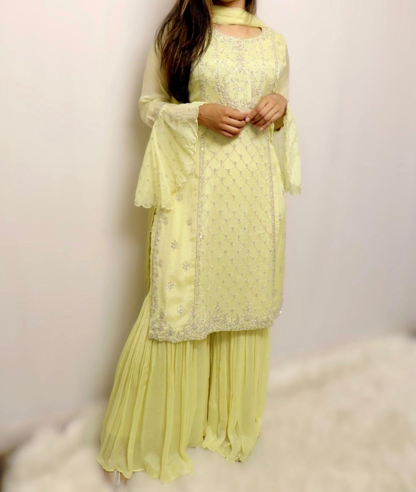 Yellow silver crepe silk gharara suit
