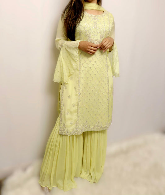 Yellow silver crepe silk gharara suit