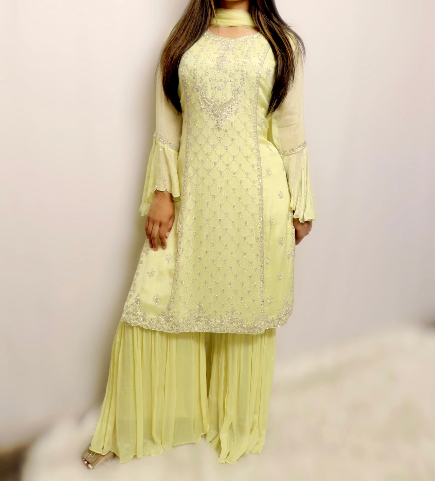 Yellow silver crepe silk gharara suit